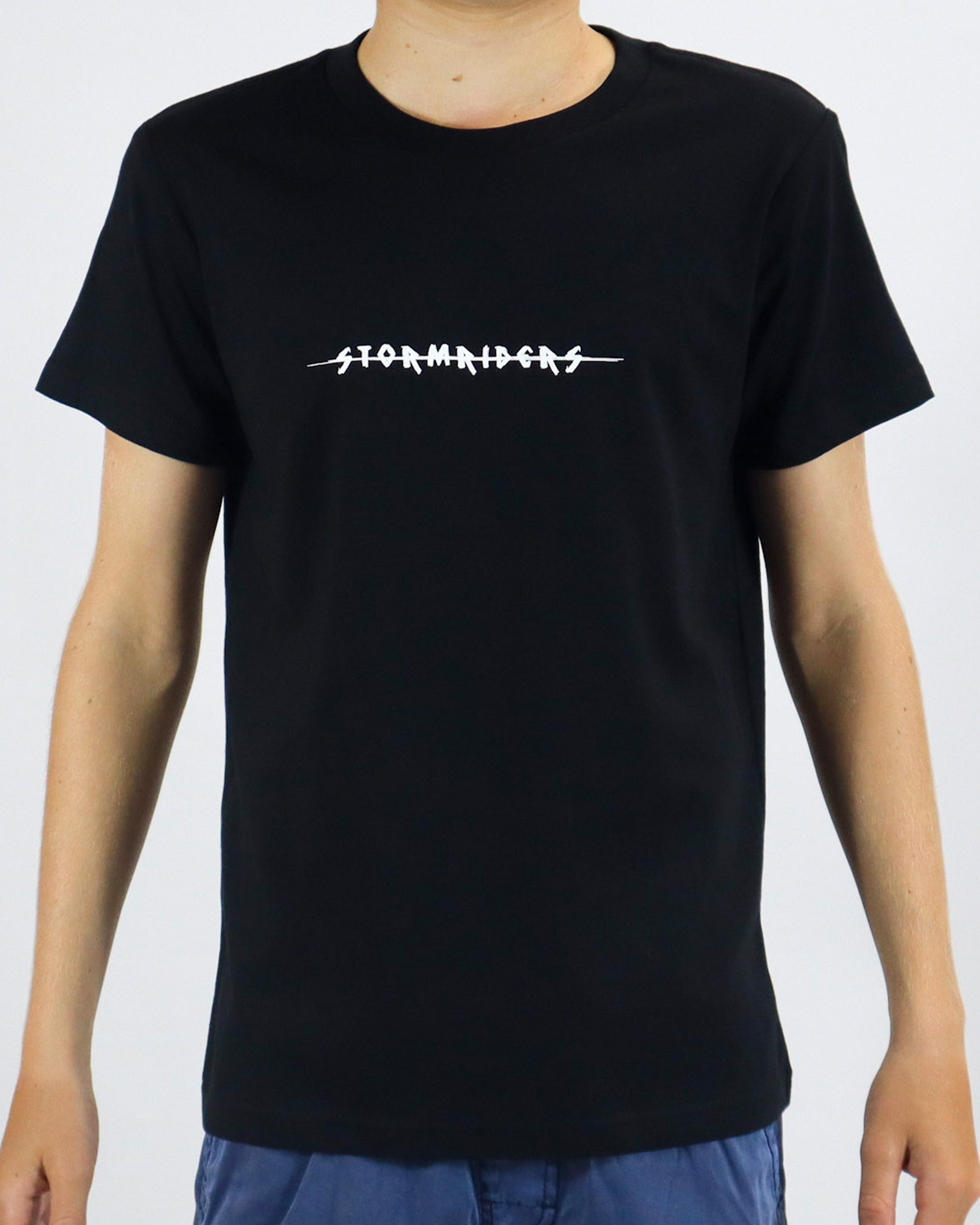 Black t-shirt with short sleeves and a white "STORMRIDERS" logo across the chest.
