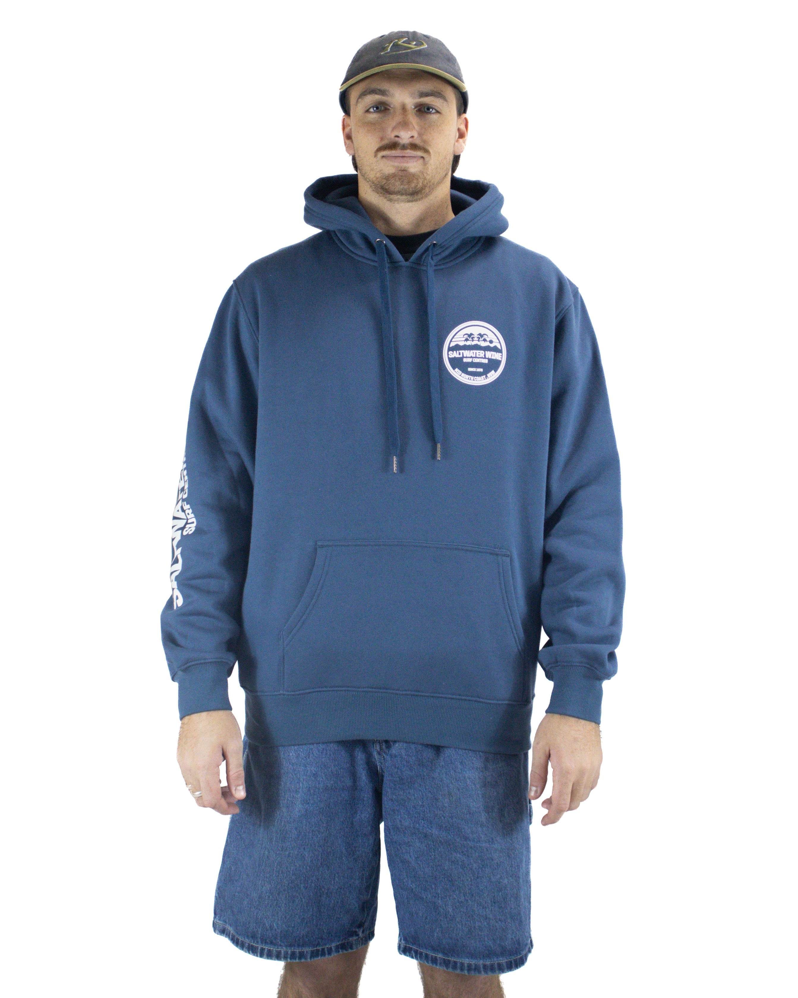 Blue Saltwater Wine hoodie with front logo patch, kangaroo pocket and drawstring hood