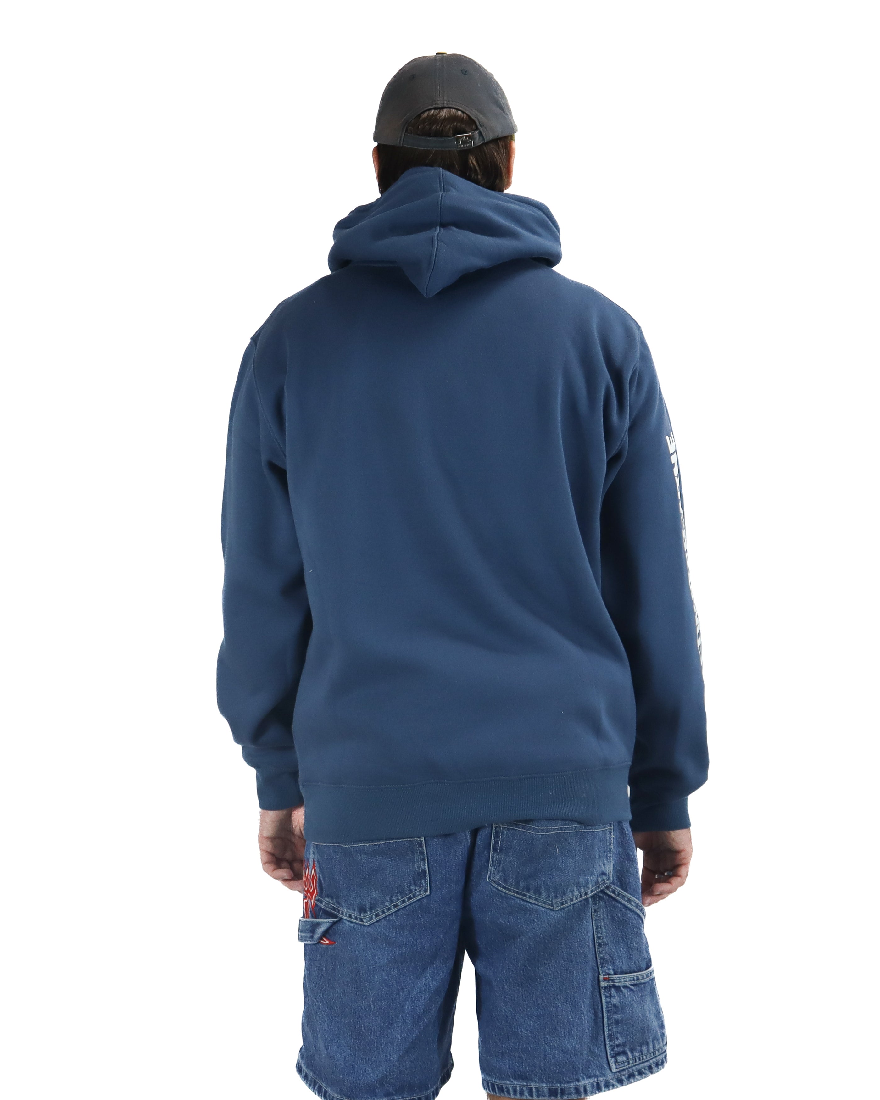 Back view of blue Saltwater Wine hoodie with relaxed fit and ribbed hem