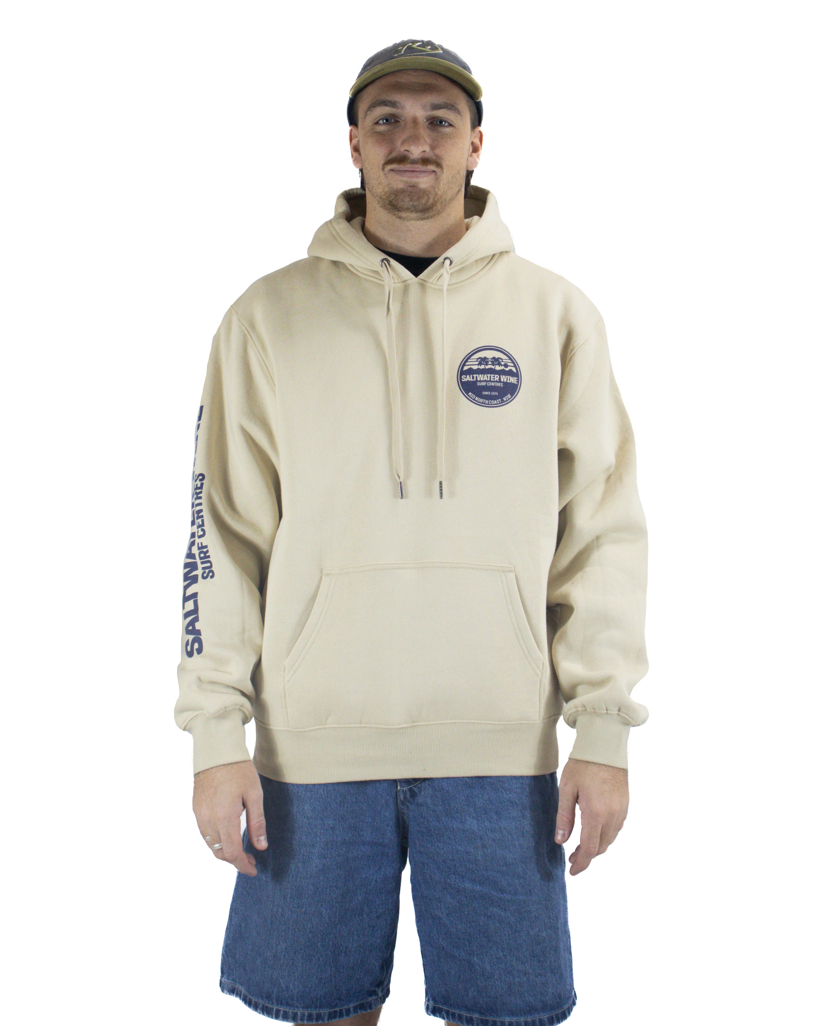 Sand hoodie with Saltwater Wine chest logo, front pouch pocket and drawstring hood