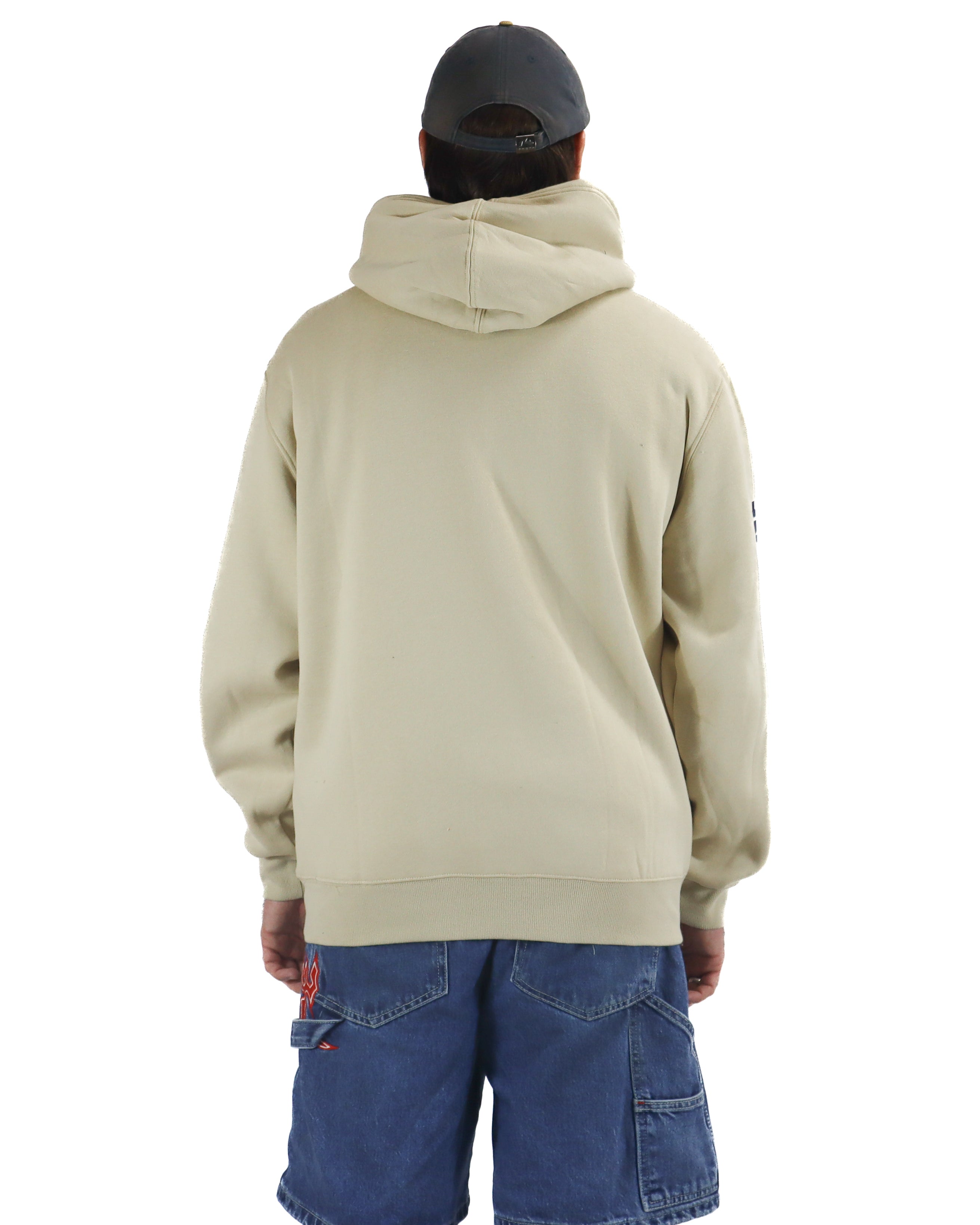 Back view of relaxed fit sand hoodie with ribbed cuffs and hem, worn with denim shorts