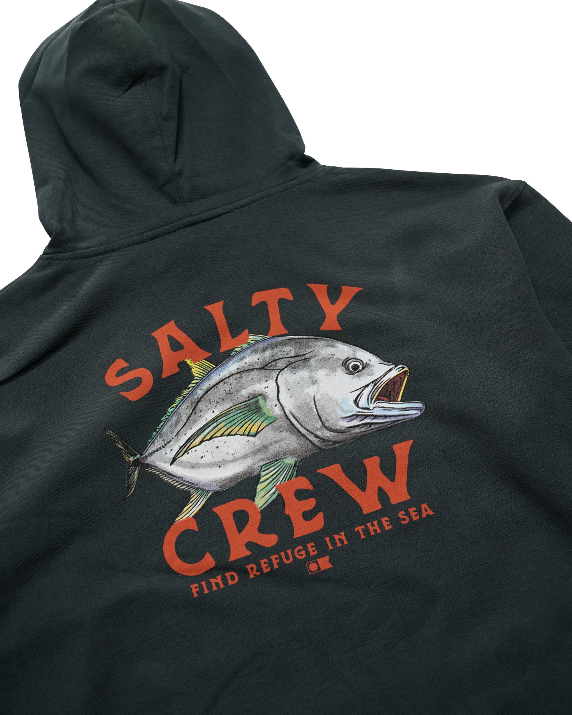 Close-up of a black Salty Crew hoodie featuring a large fish graphic with red text reading 'Find Refuge in the Sea' on the back.