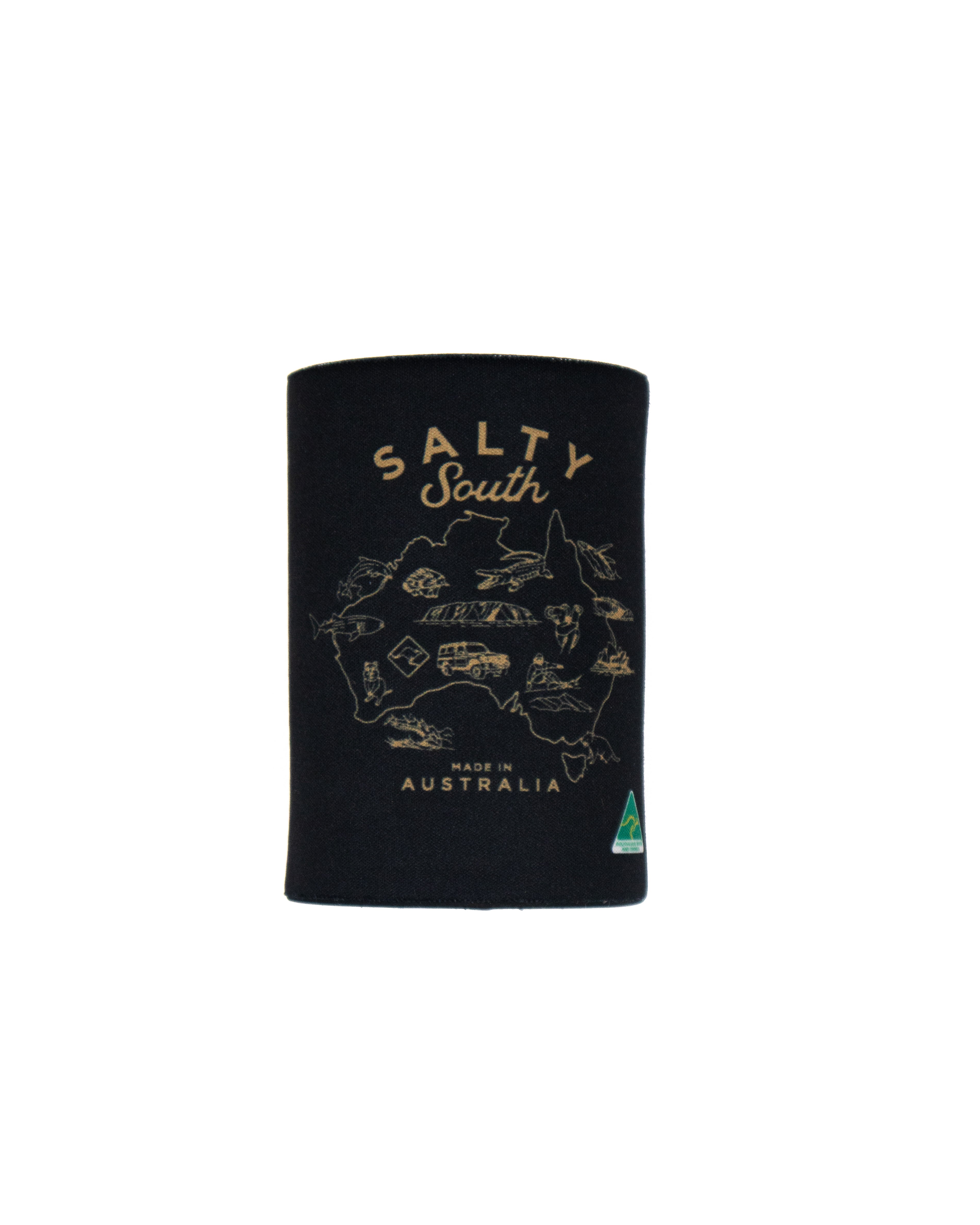Front view of black Salty South stubby holder with gold map print and Australian Made logo