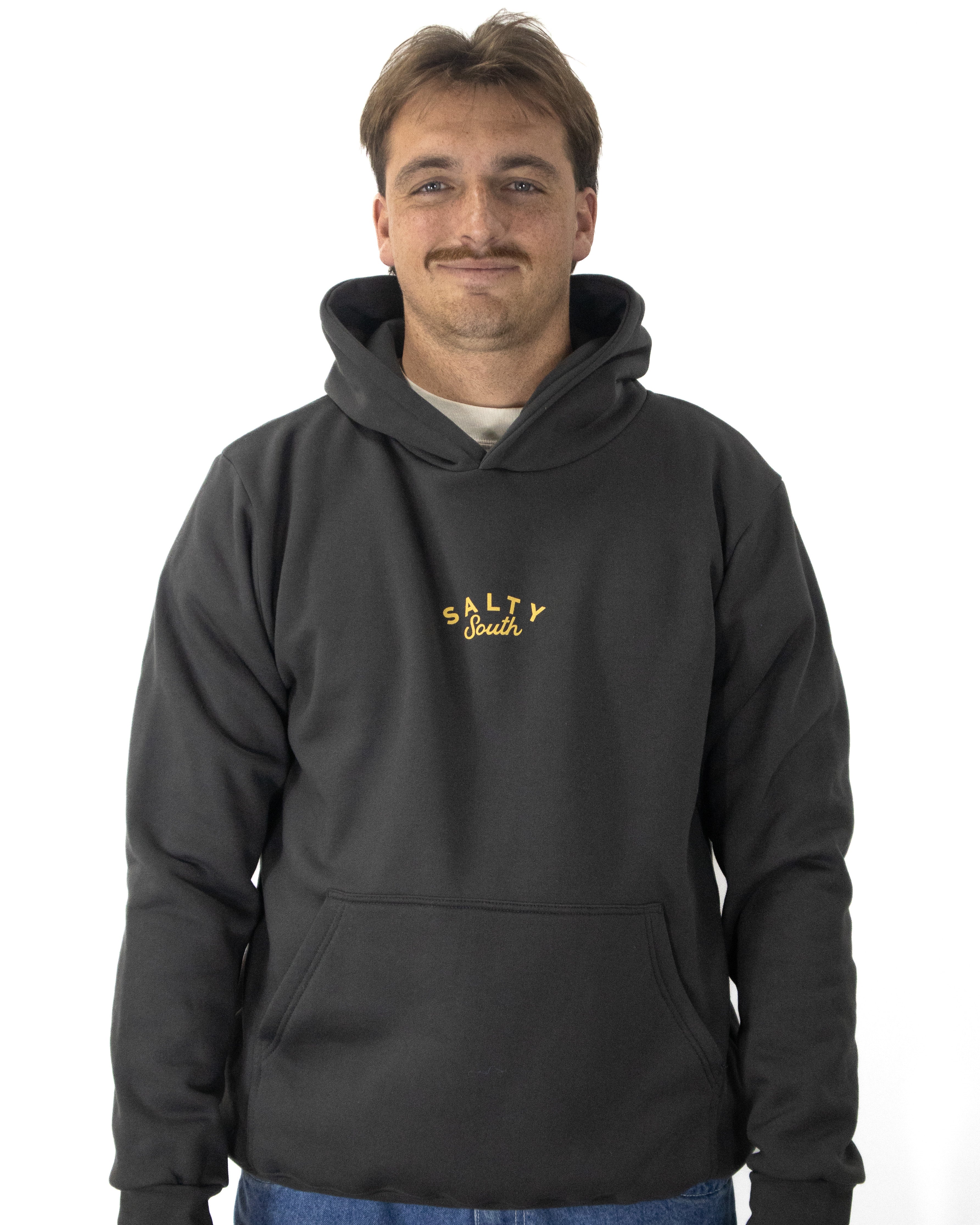 Front view of charcoal Salty South hoodie with small gold embroidered logo on chest