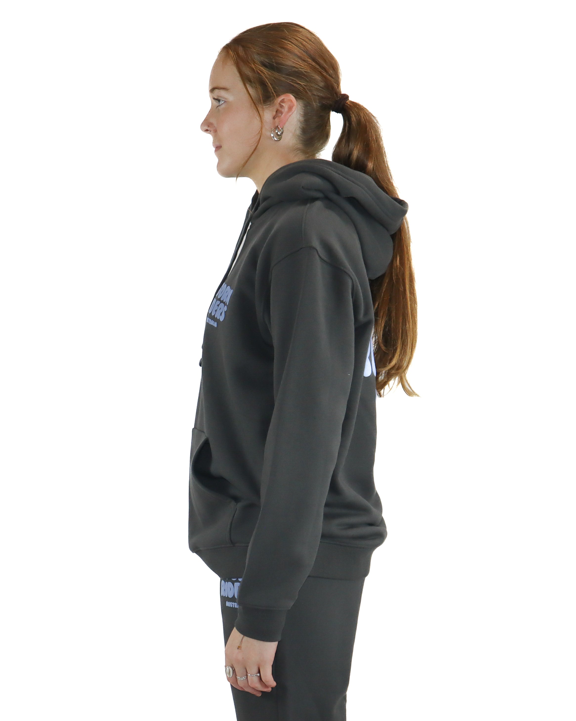 Side profile of black Storm Riders hoodie with relaxed fit and drawstring hood