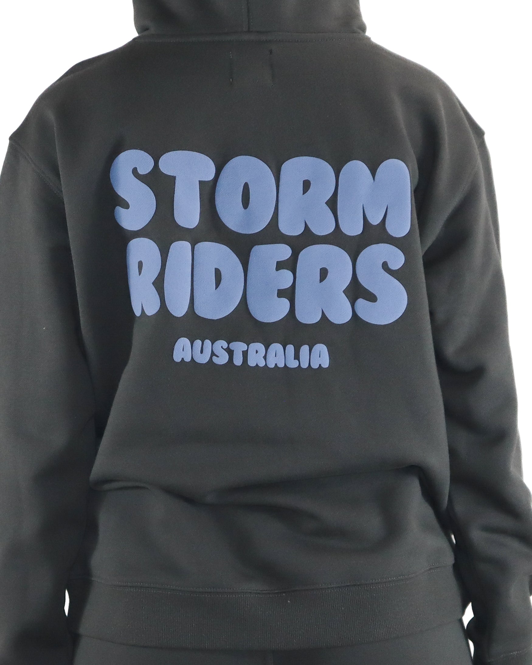 Close-up of large purple Storm Riders Australia logo on the back of hoodie