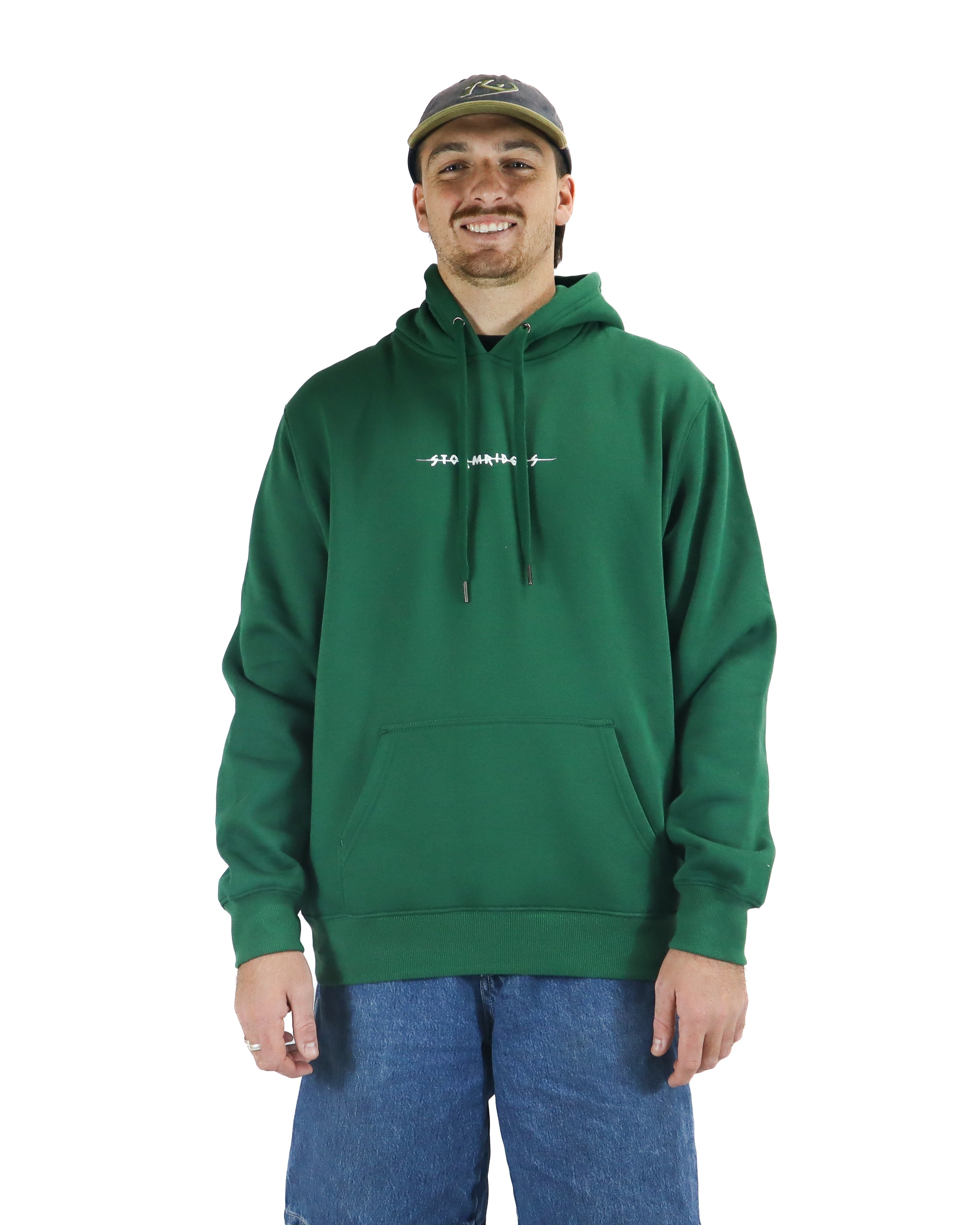 Green hoodie with white Stormriders logo, front pocket and drawstring hood