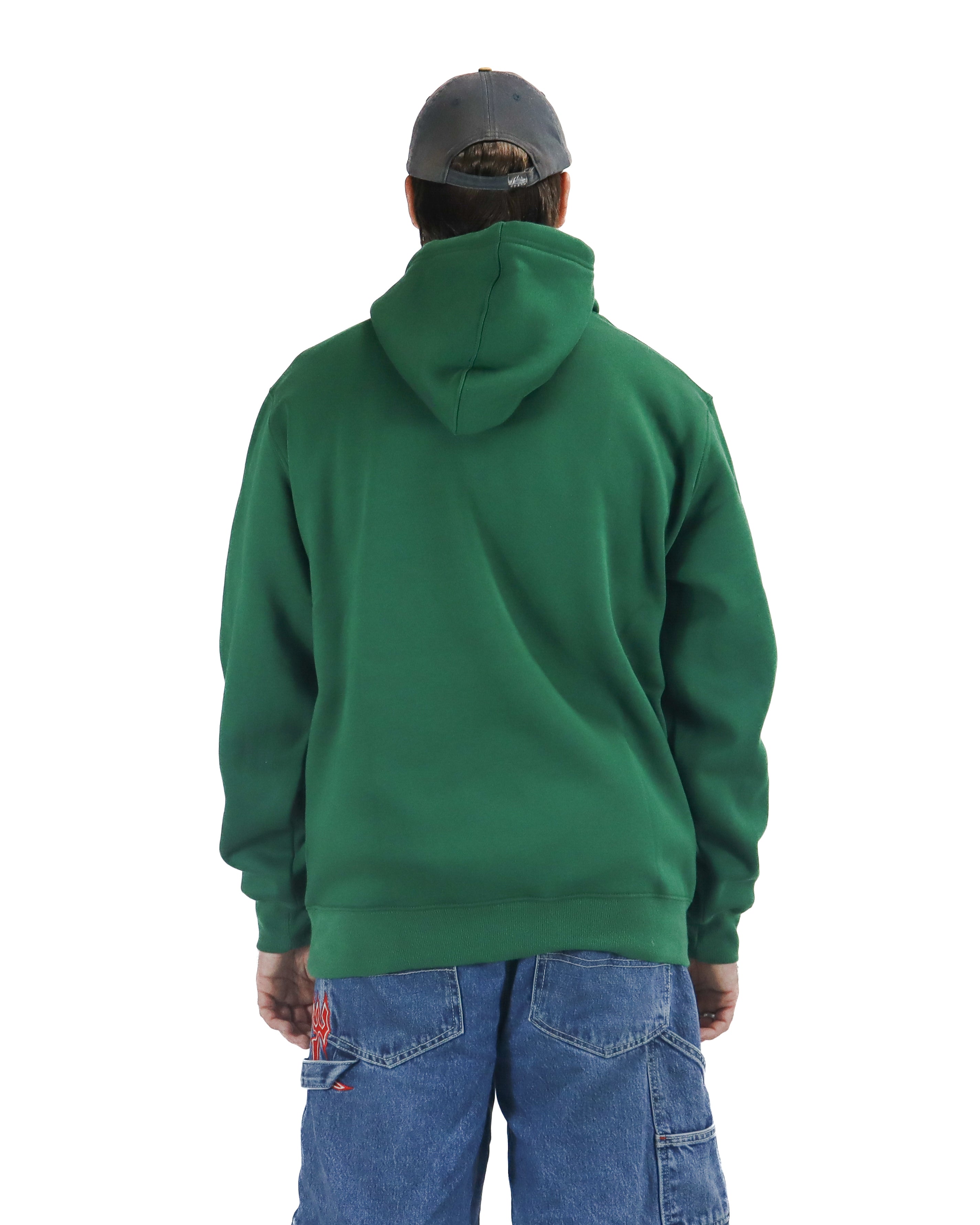 Back view of green pullover hoodie with relaxed fit and dropped shoulders