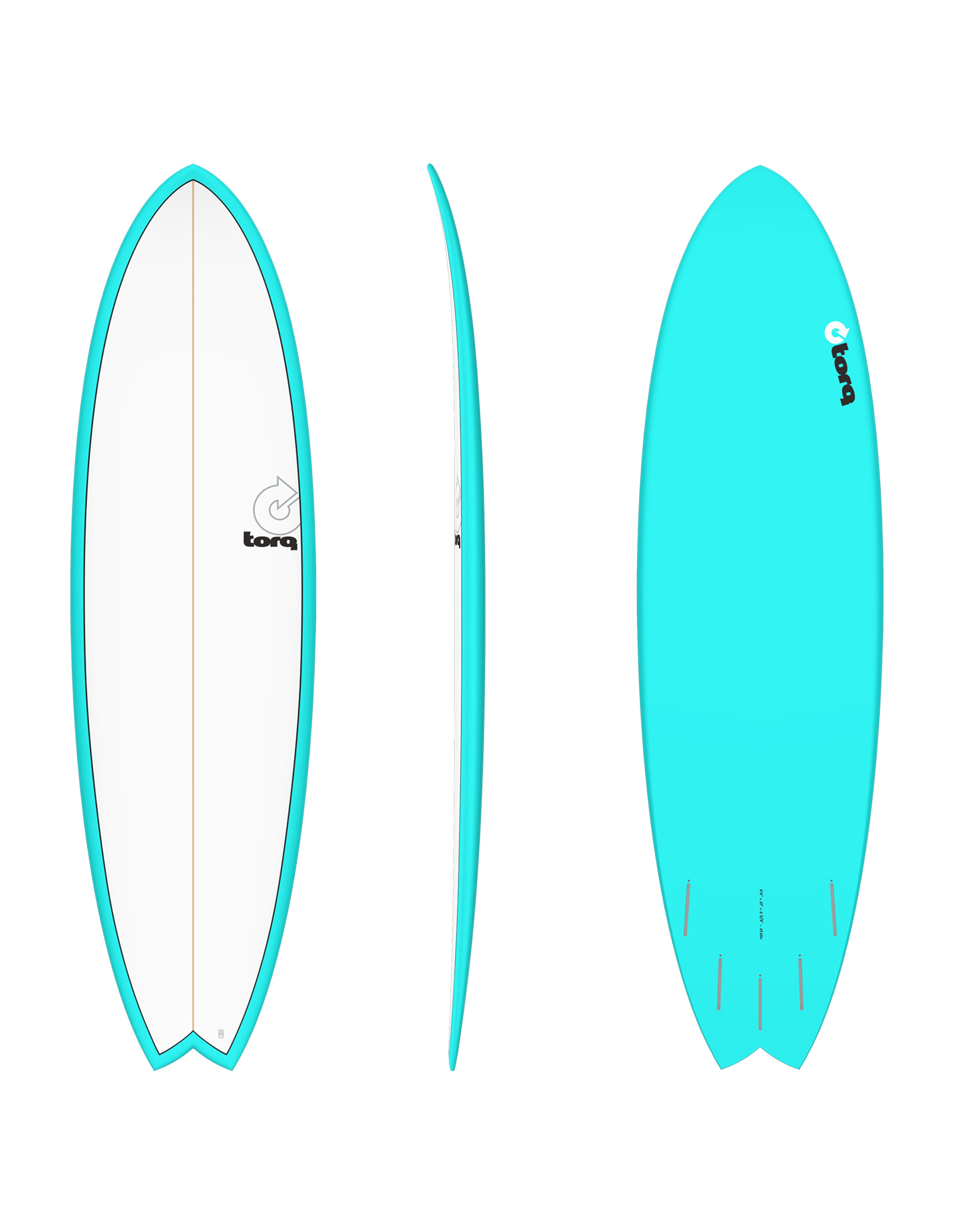 Torq surfboard with aqua rails and base, swallow tail and five fin setup.