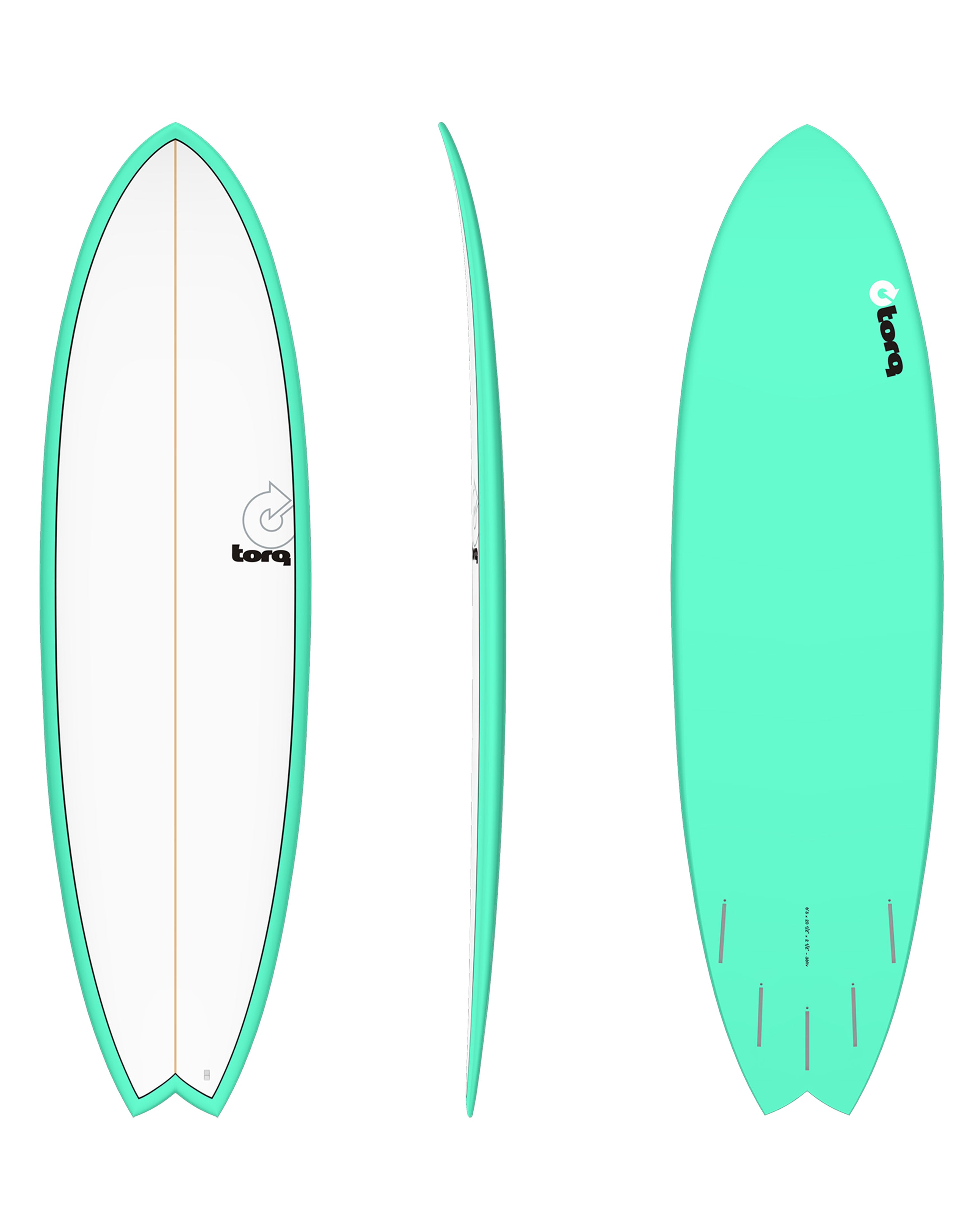 Torq fish surfboard with mint green rails and base, featuring five fin setup.