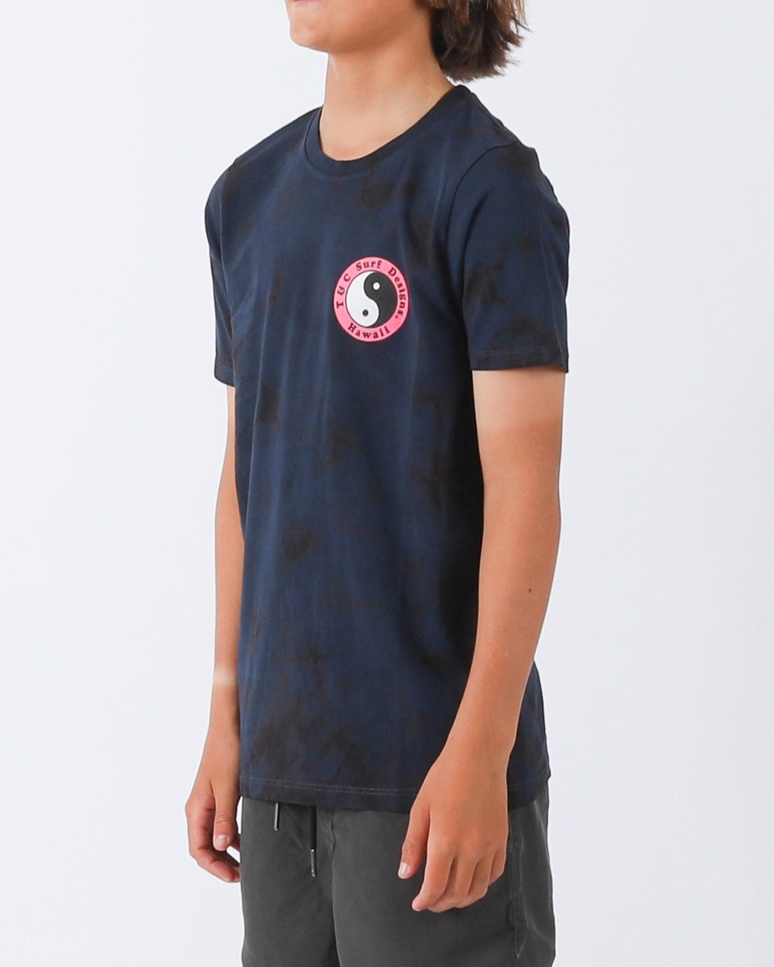 Side view navy T&C Surf Designs Hawaii yin yang logo tee