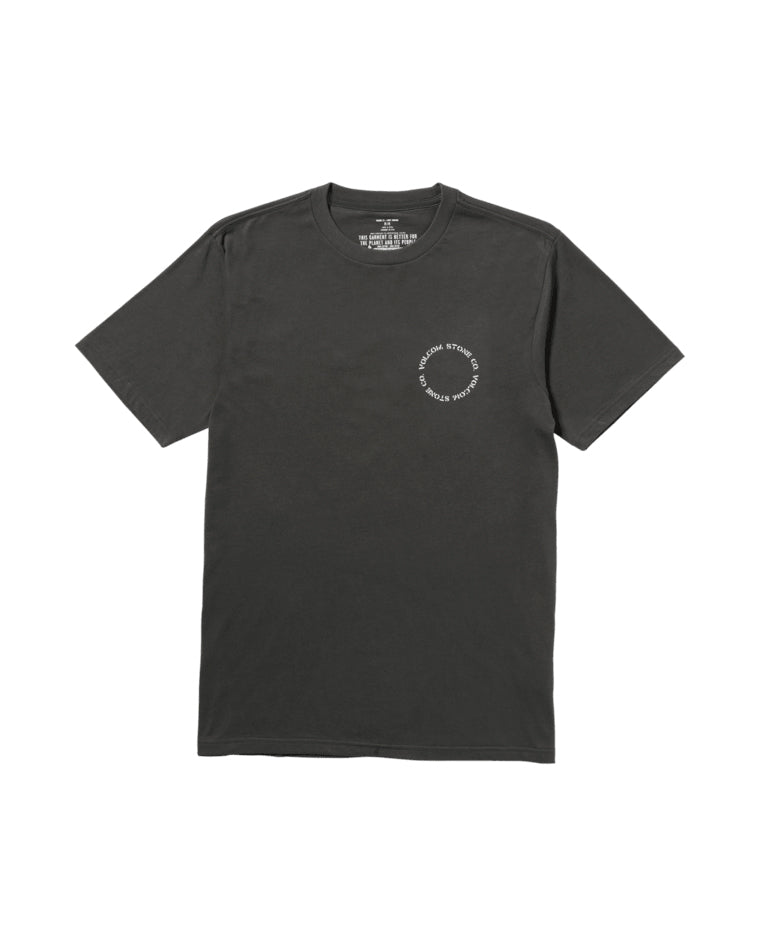 Black short-sleeve T-shirt laid flat, featuring a small circular 'Volcom Stone Co.' logo on the left chest area.