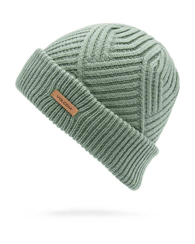 Volcom sage green knit beanie with a ribbed pattern, folded cuff, and small brown logo tag on the side.