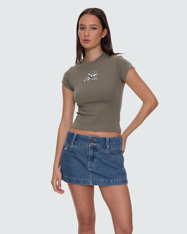 Olive green fitted cupid Worship graphic tee styled with denim mini skirt