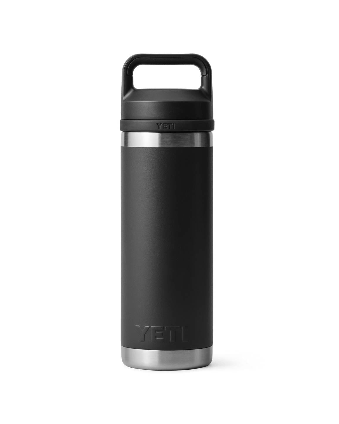 Back view of a black Yeti water bottle featuring a sleek stainless steel design, double-wall insulation, and a carry handle lid.