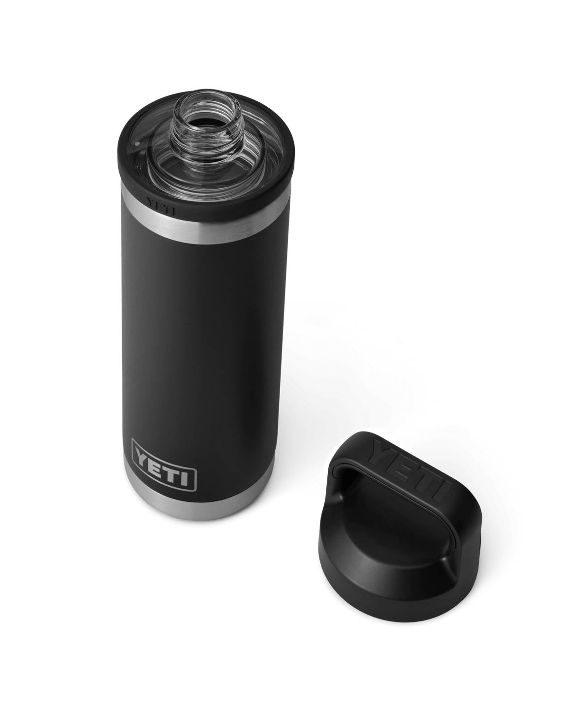 Black Yeti water bottle with the lid removed, showcasing a wide-mouth opening, durable stainless steel body, and insulated design.