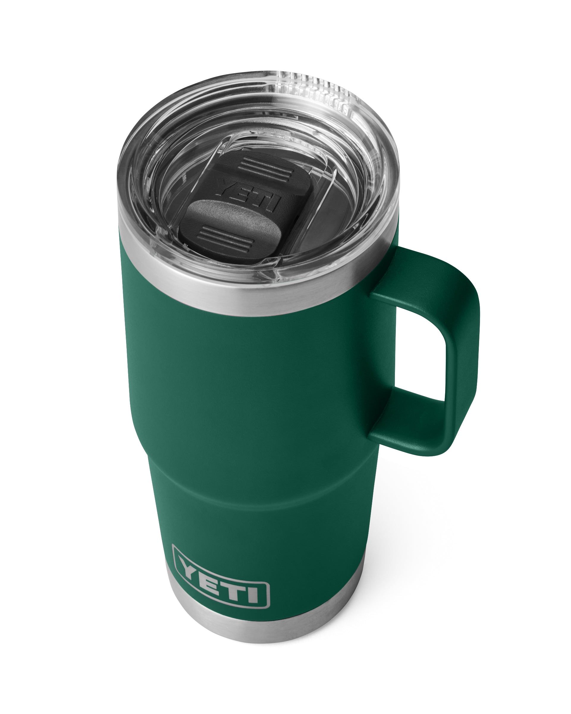 Top view of green YETI mug with MagSlider lid and sturdy handle for easy sipping