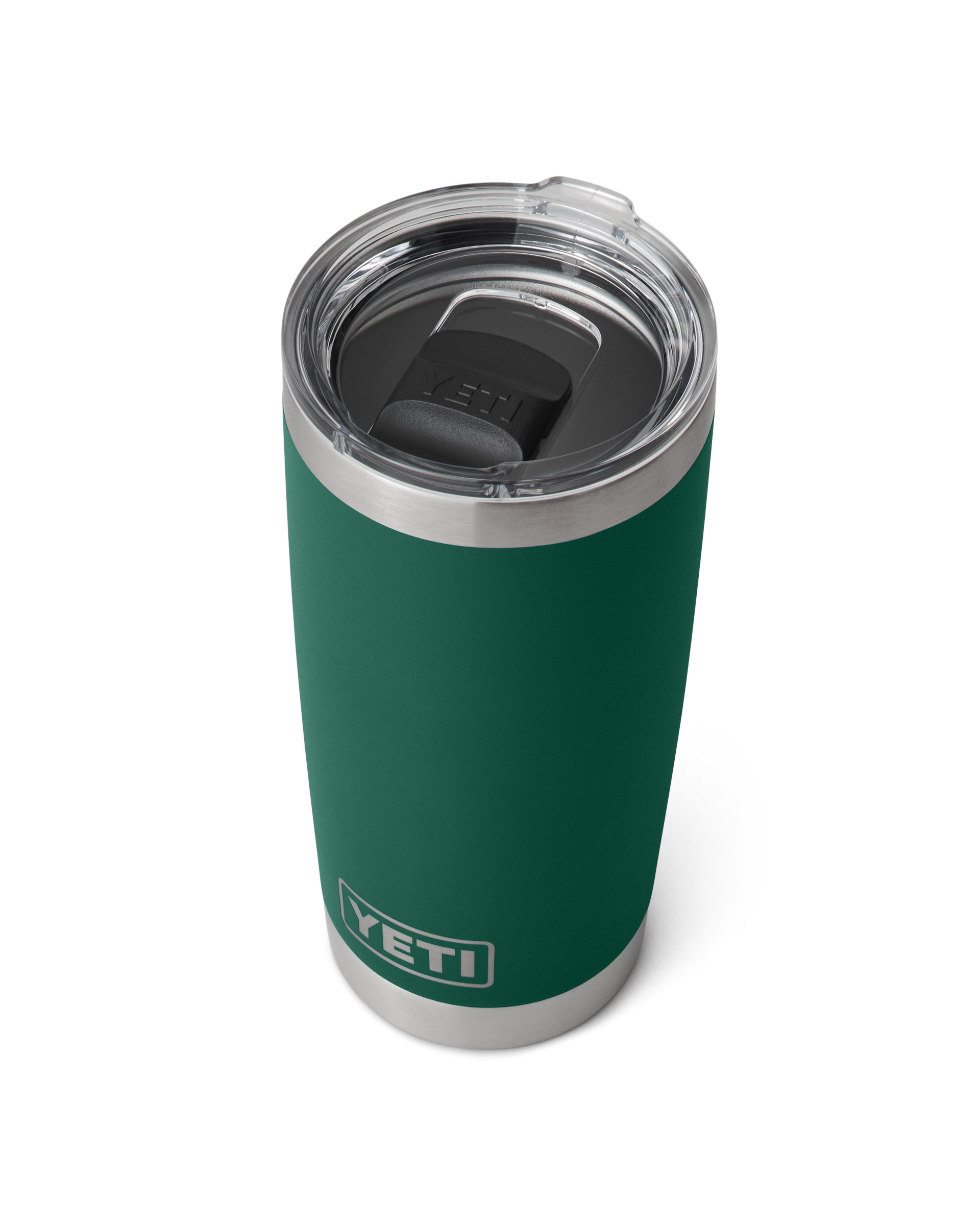 YETI green insulated tumbler with clear lid and magnetic slider open