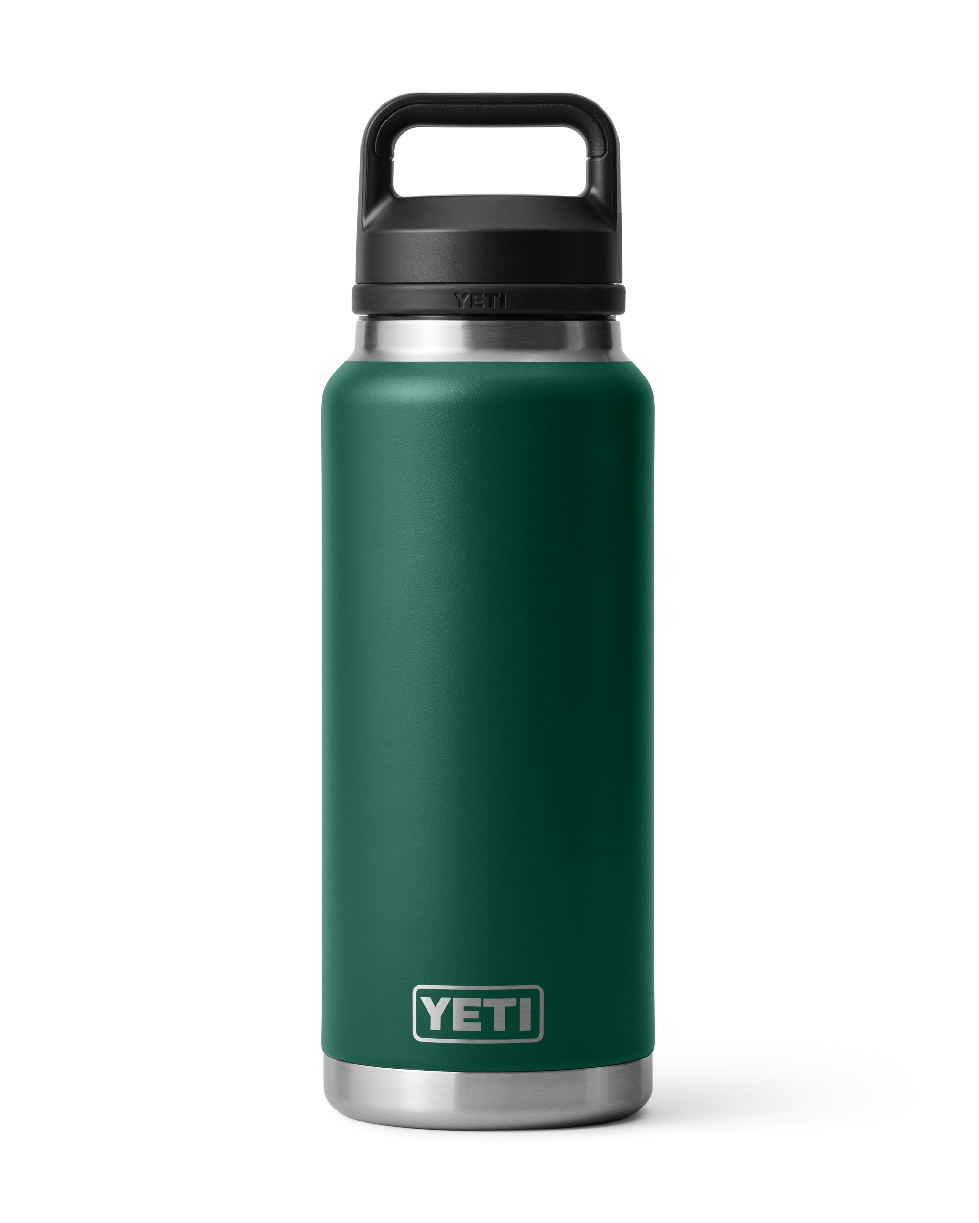 Dark green YETI drink bottle with black chug cap and stainless steel base, ideal for all-day hydration