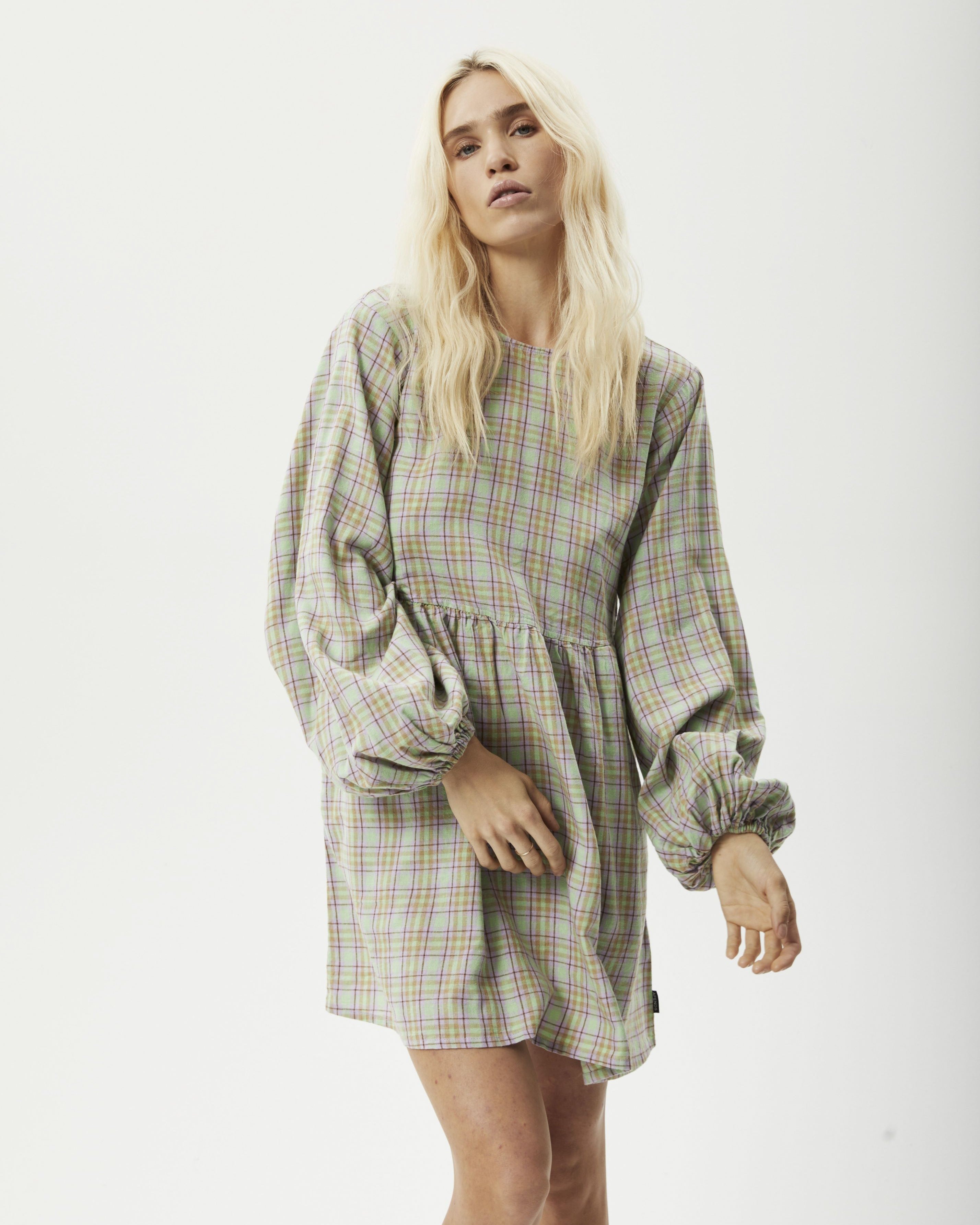Kali - Hemp Check Long Sleeve Dress