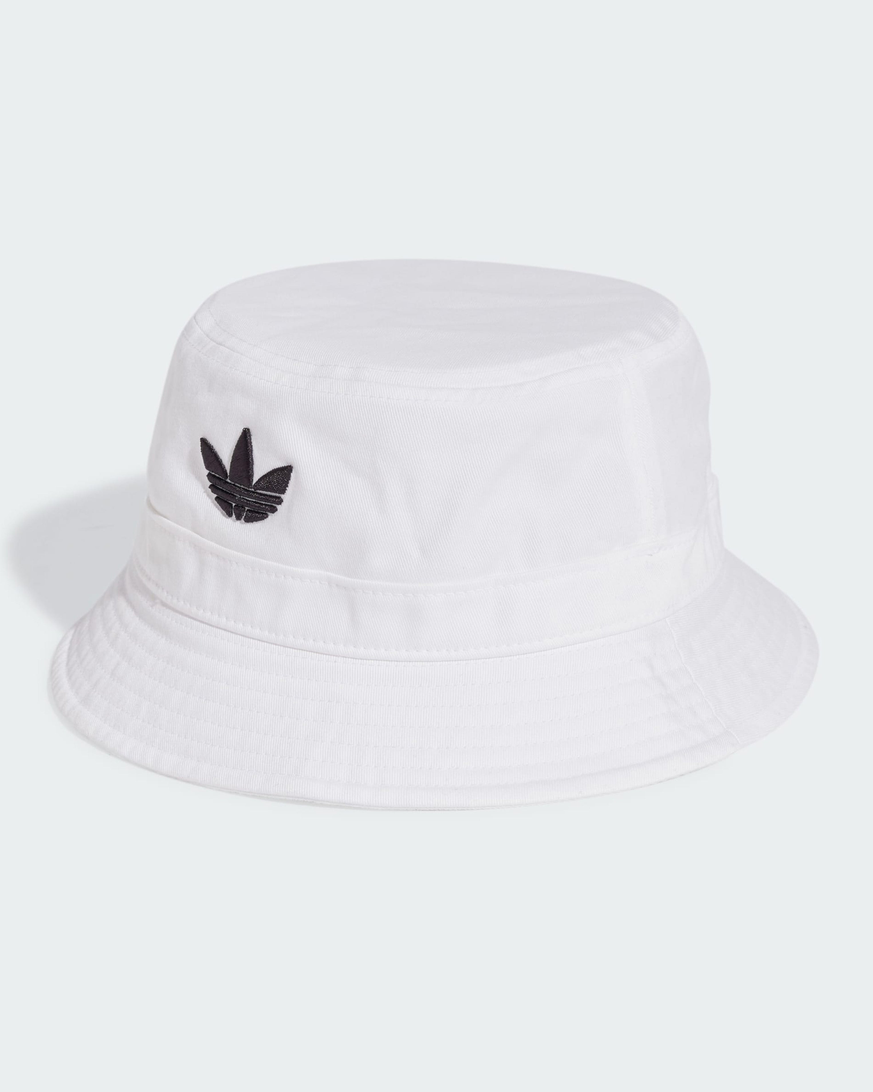 White adidas bucket hat with black Trefoil logo embroidery, made from soft cotton for everyday wear.