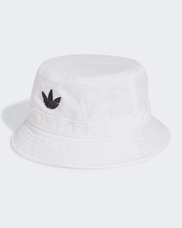 White adidas bucket hat with black Trefoil logo embroidery, made from soft cotton for everyday wear.