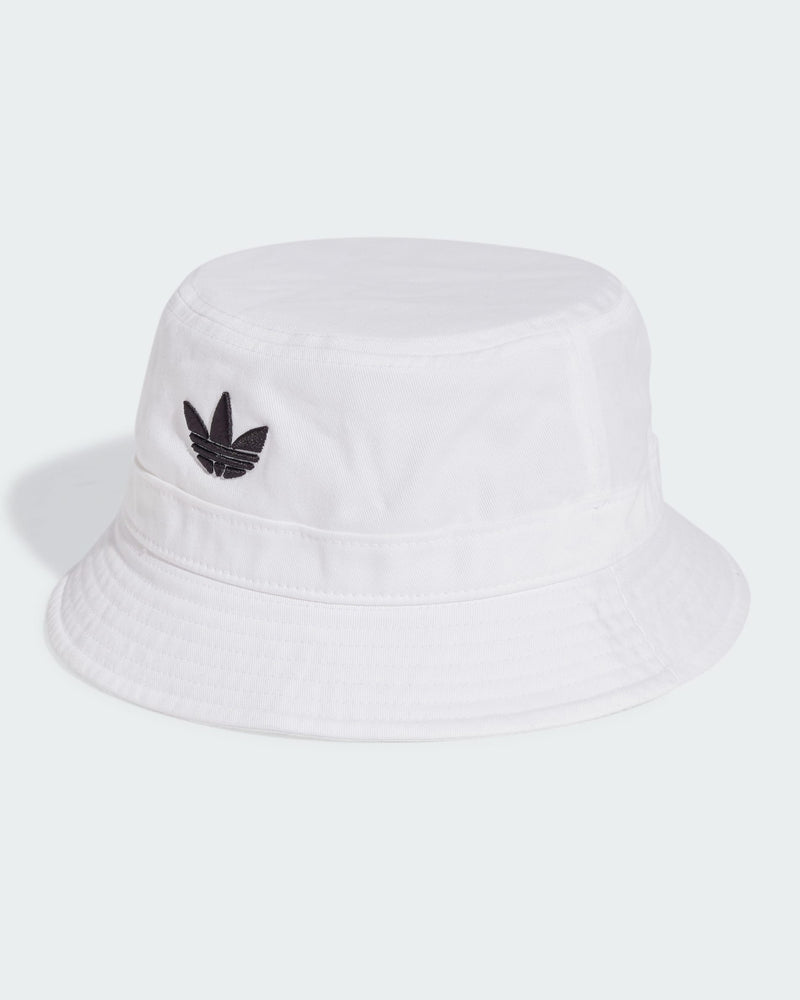 White adidas bucket hat with black Trefoil logo embroidery, made from soft cotton for everyday wear.