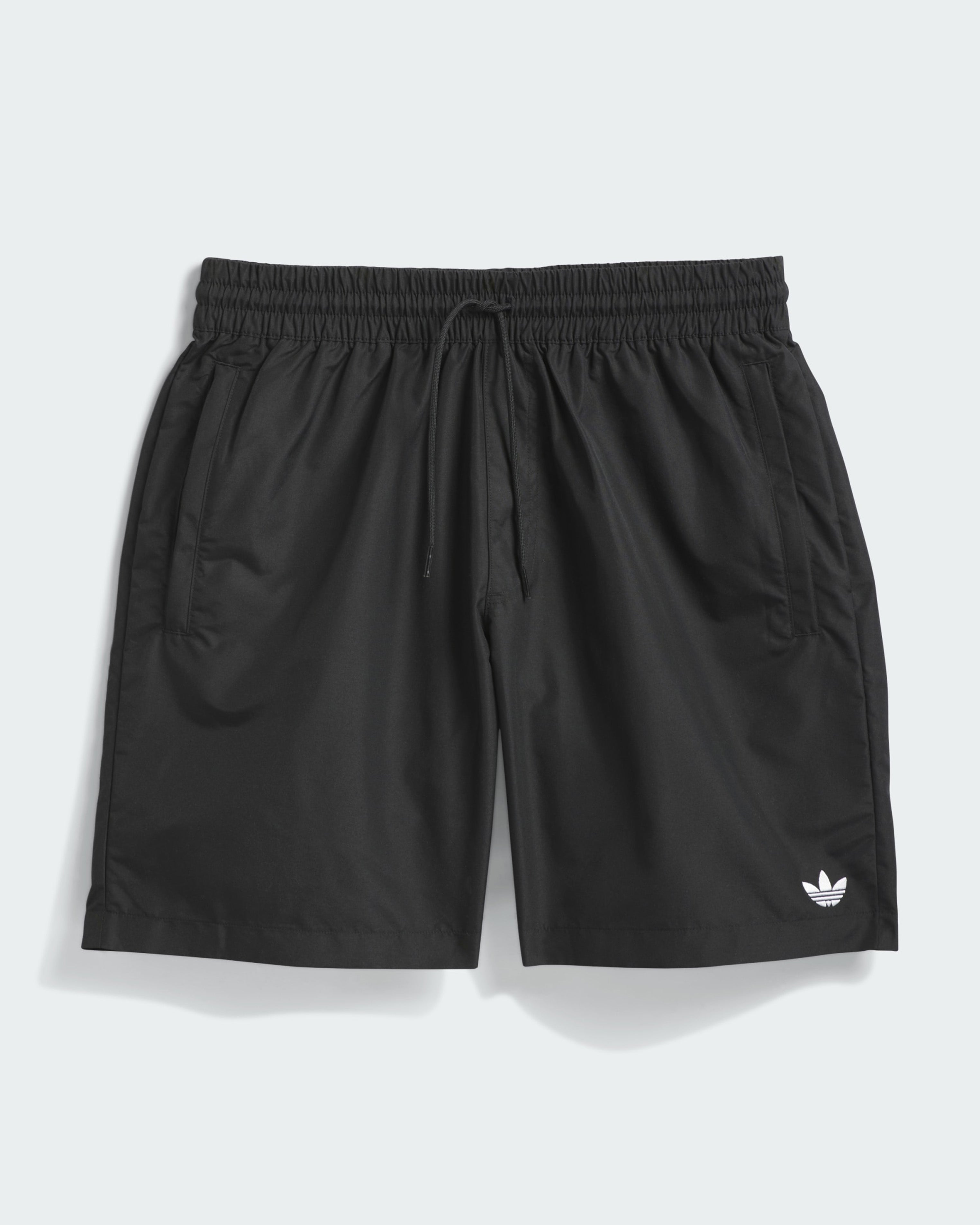 Black Adidas shorts with elastic waistband, side pockets and drawcord, featuring Trefoil logo on front hem