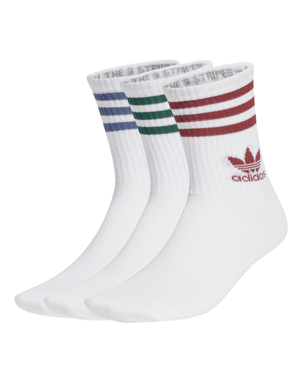 Set of three Adidas crew socks in white, featuring ribbed cuffs, three-stripe detailing, and Trefoil logo in red, green, and blue.