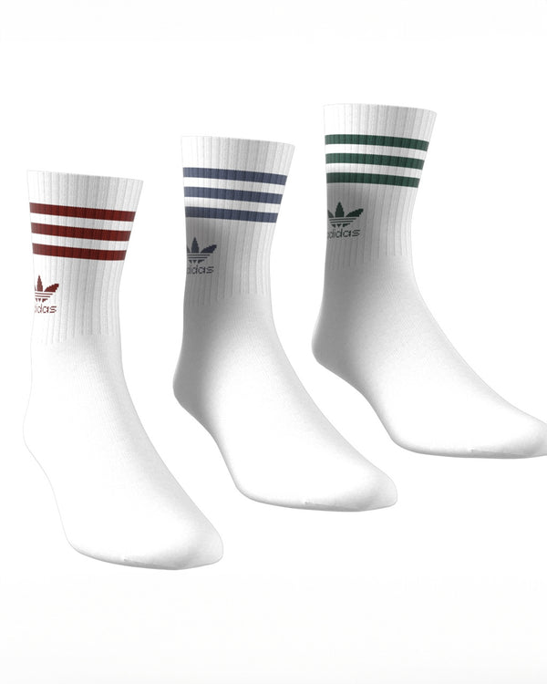 Three pairs of white Adidas crew socks with ribbed cuffs, featuring three-stripe details and Trefoil logos in red, blue, and green.