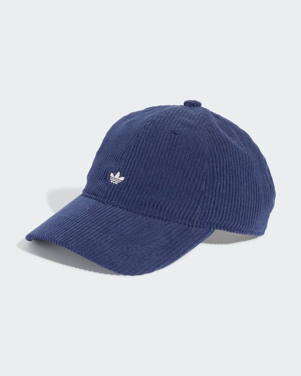 Navy Adidas corduroy cap with curved brim and white embroidered Trefoil logo on the front