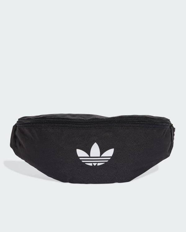 Black adidas waist bag with zip closure and white trefoil logo on the front.