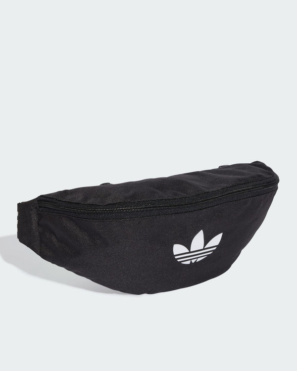 Side view of black adidas bum bag with white trefoil logo and curved zip top.