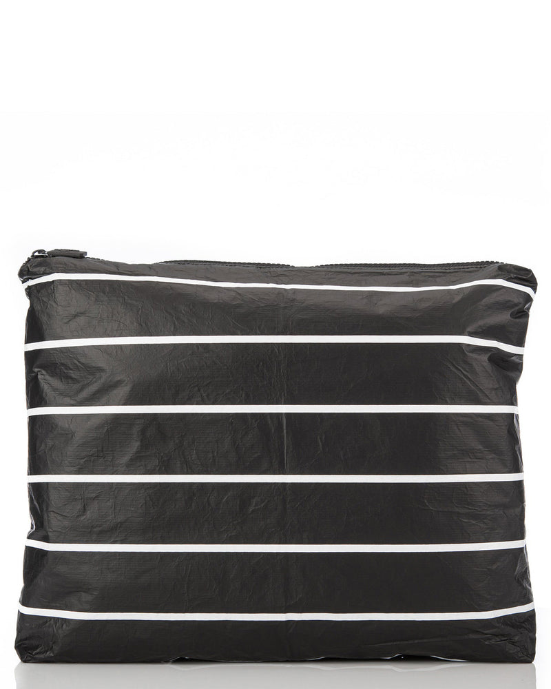Black zip pouch with white horizontal stripes, made from crinkled material and ideal for beach or travel essentials.