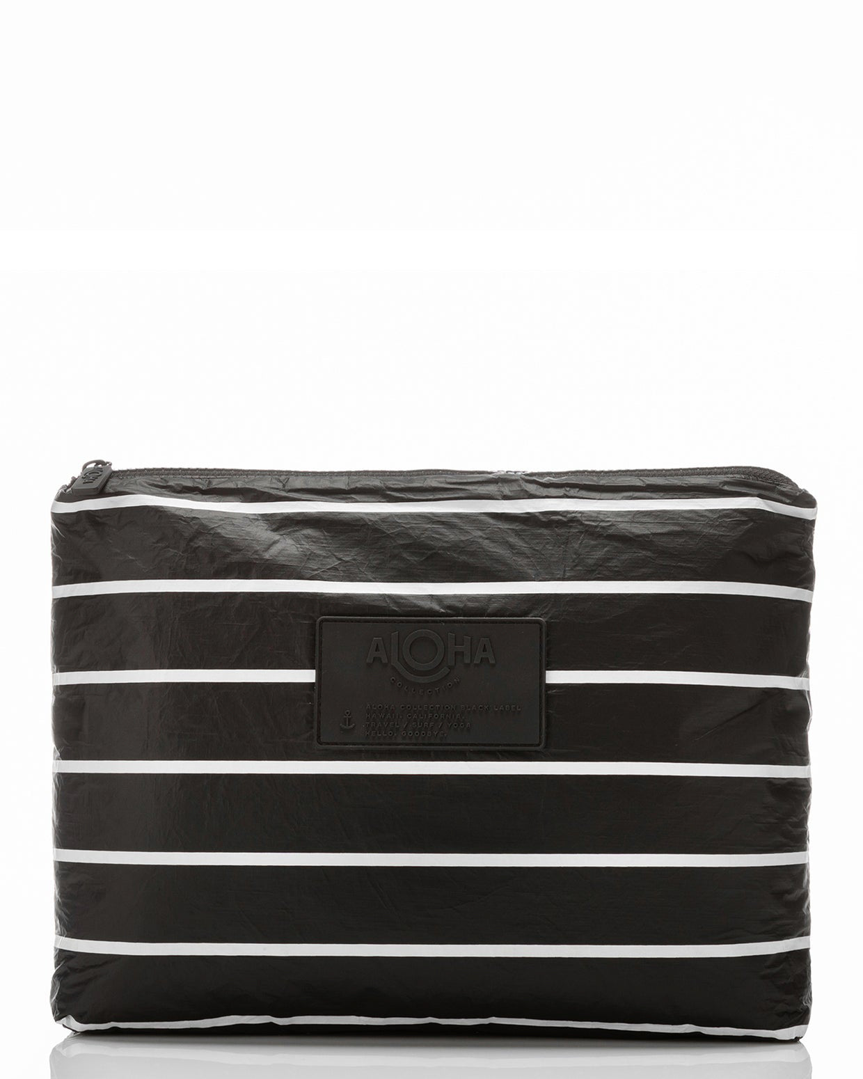 Large black ALOHA pouch with white horizontal stripes and front logo patch.