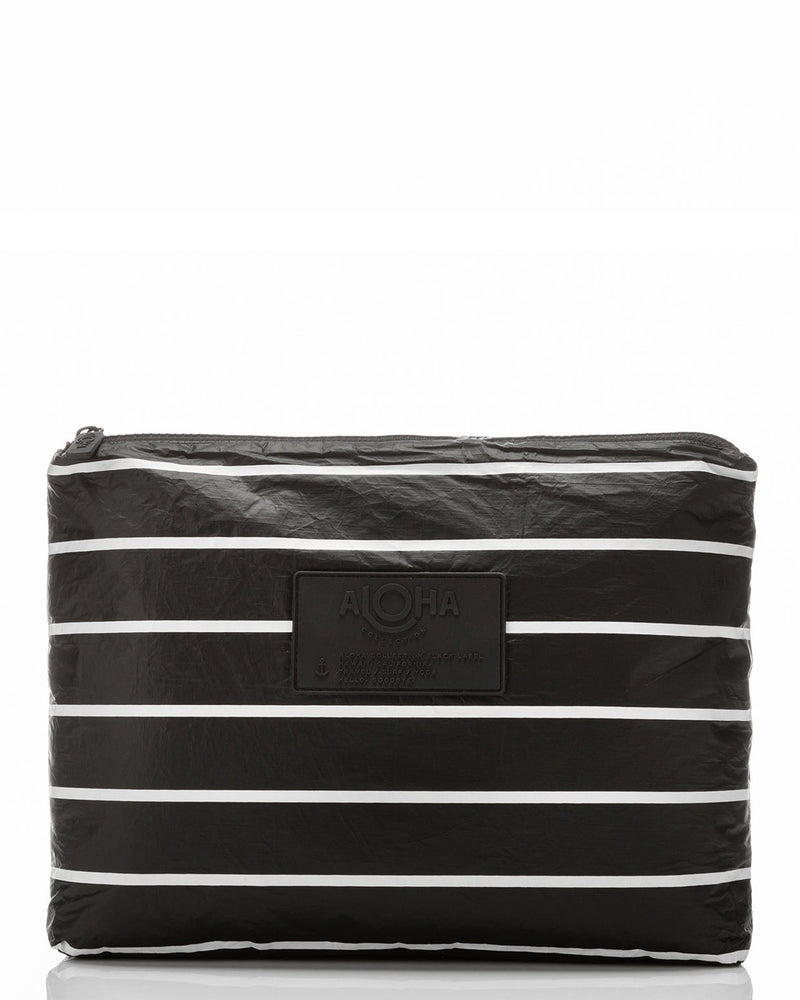 Large black ALOHA pouch with white horizontal stripes and front logo patch.