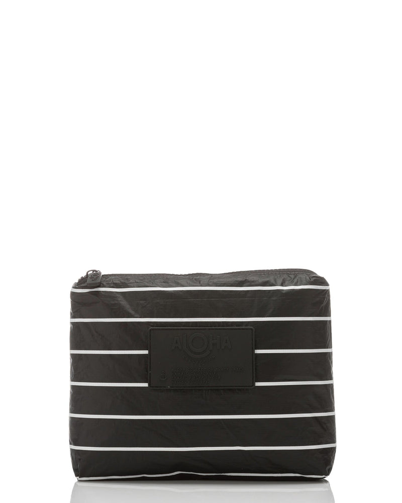 Black ALOHA pouch with white horizontal stripes and a black logo patch on the front.