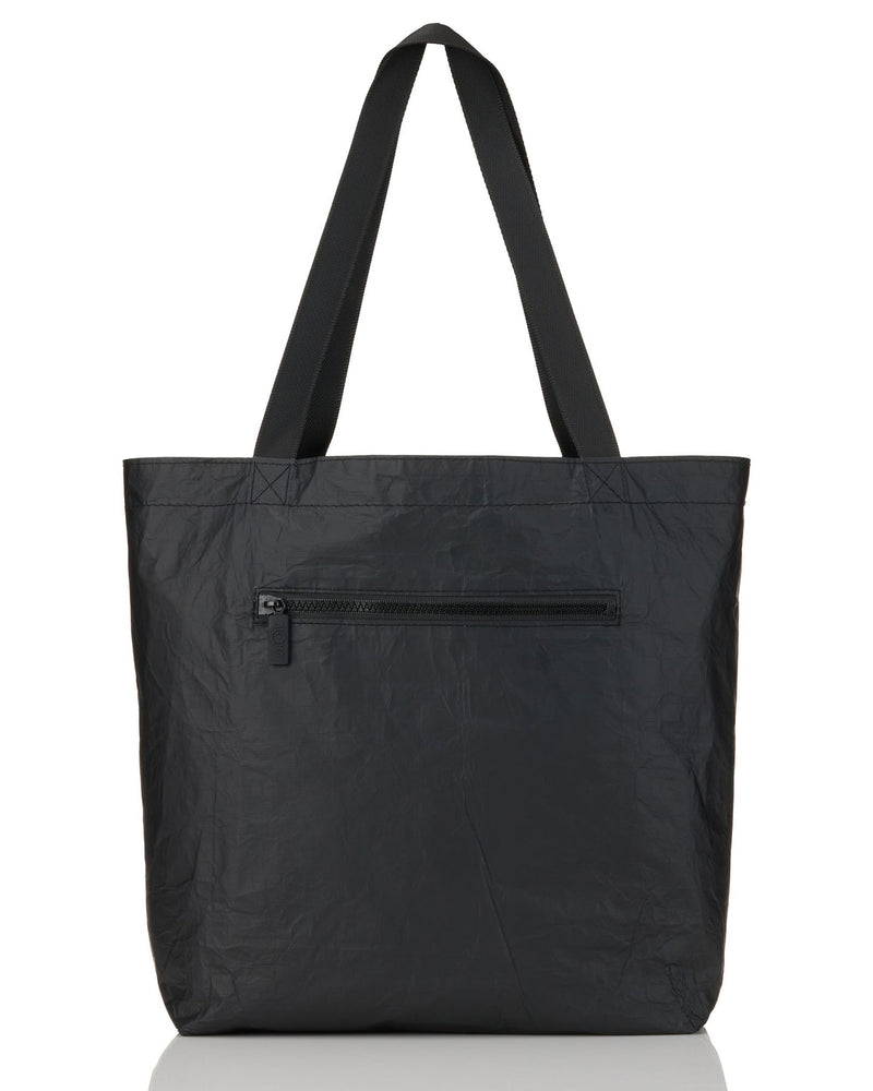 Reversible black tote bag with zip pocket and plain design, made from lightweight, splash-proof material
