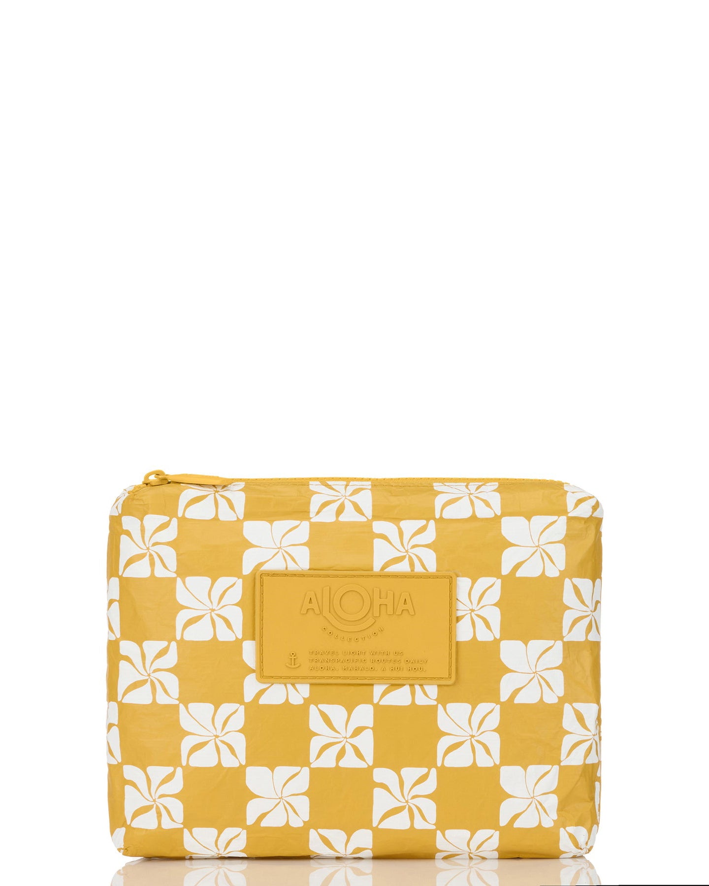 Yellow ALOHA pouch with white check floral print and matching yellow logo patch and zip