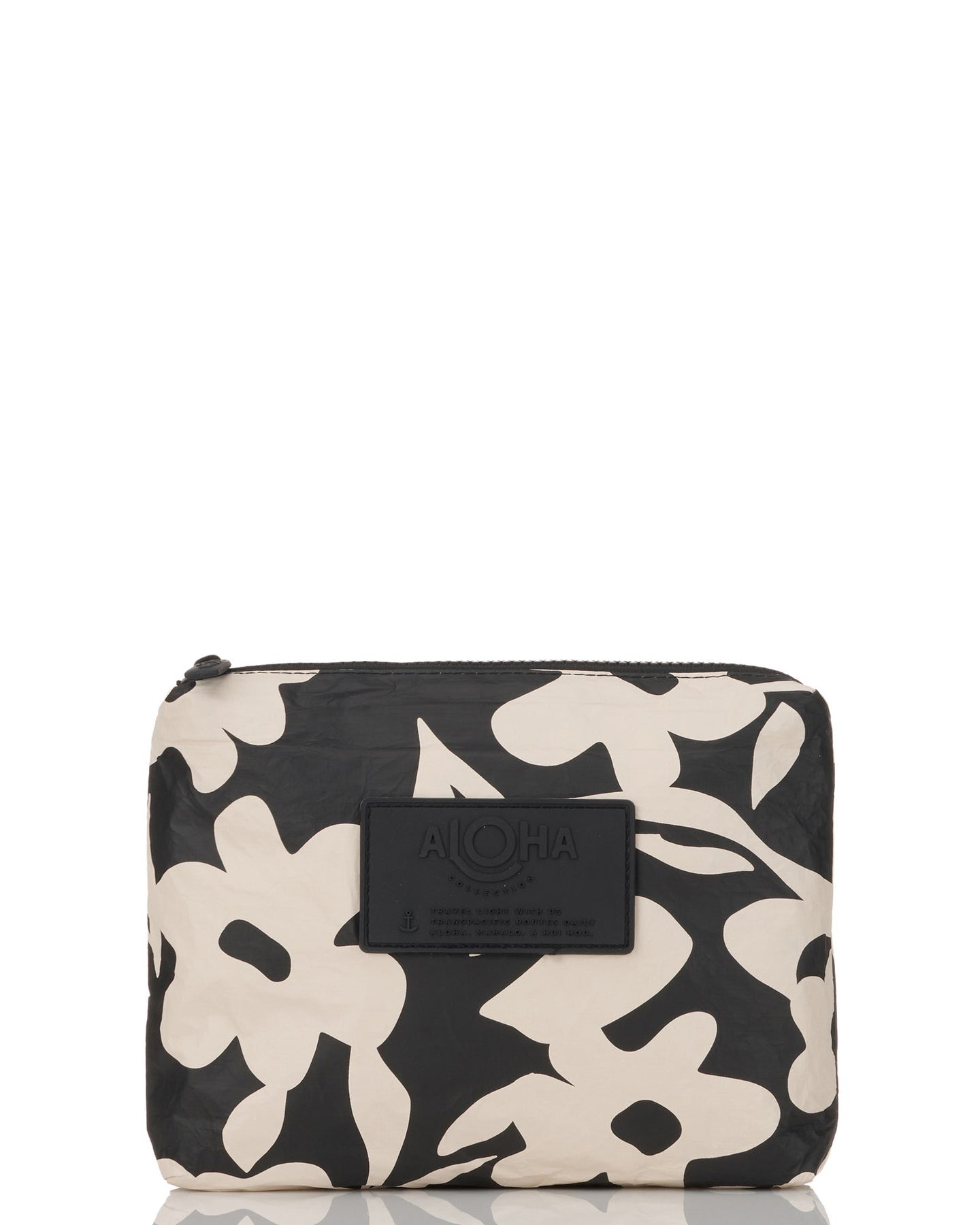 Black and cream ALOHA pouch with bold floral print and black logo patch on the front