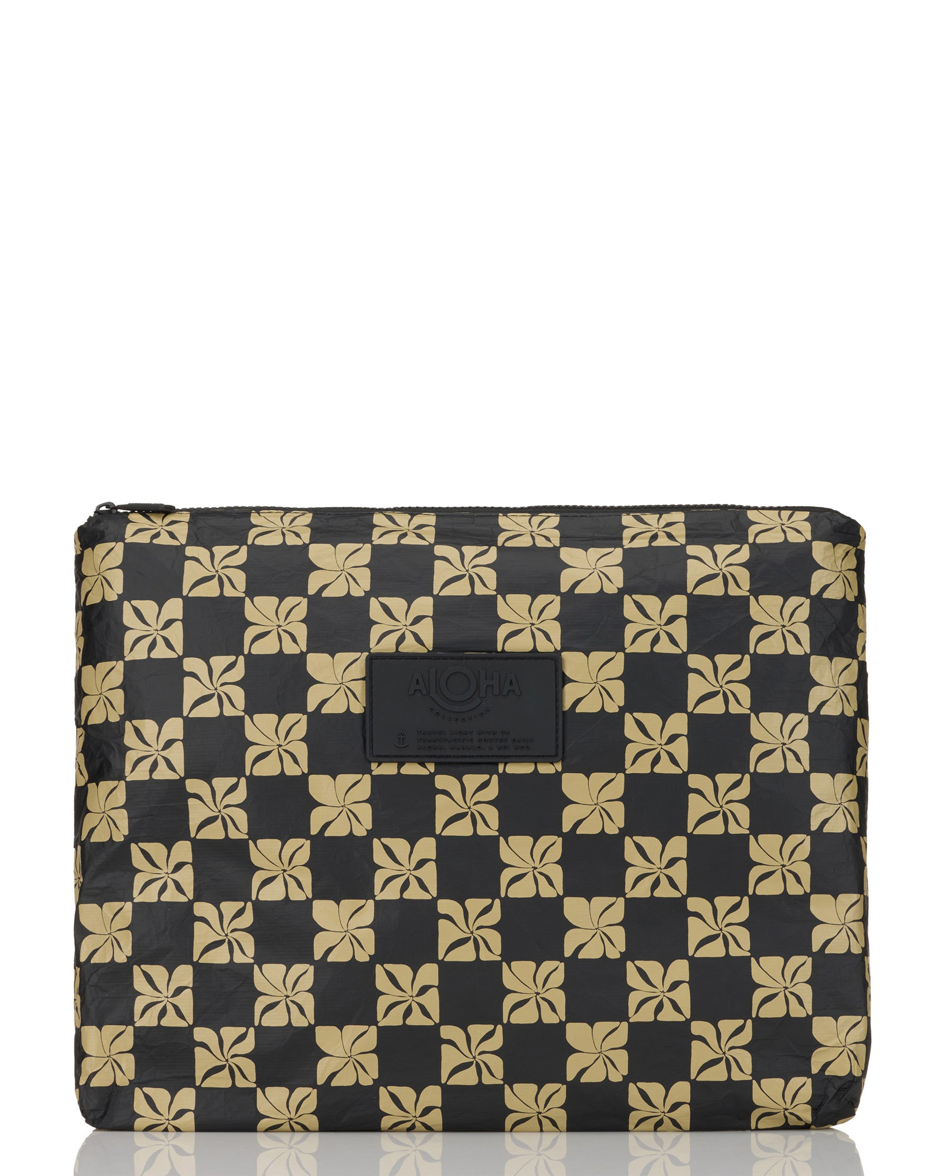 ALOHA pouch in black and tan floral checkerboard print with front logo patch and zip closure