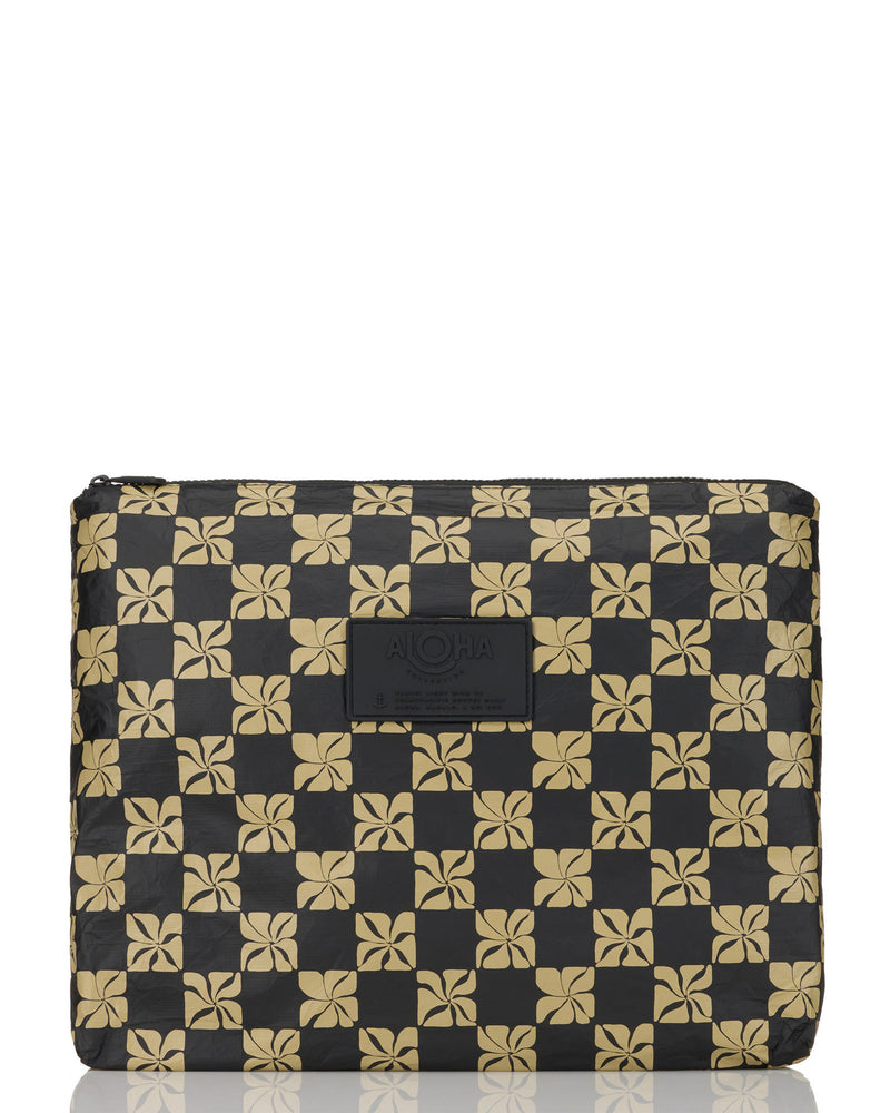 ALOHA pouch in black and tan floral checkerboard print with front logo patch and zip closure
