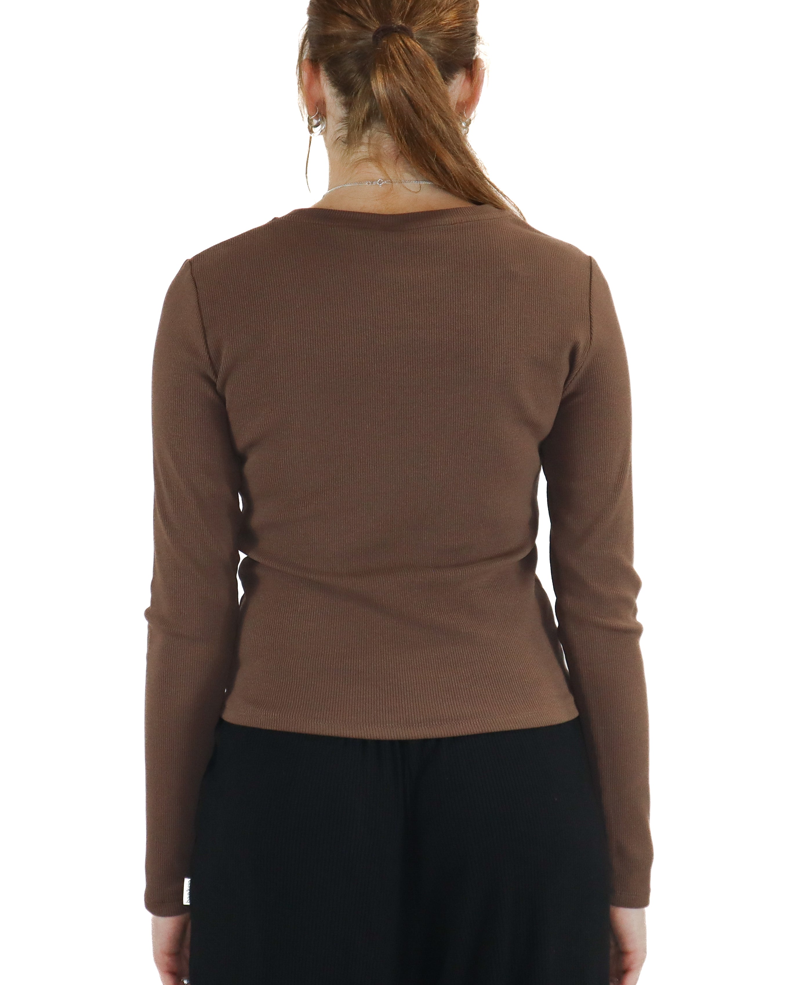 Back view of fitted brown ribbed long sleeve top with straight hem