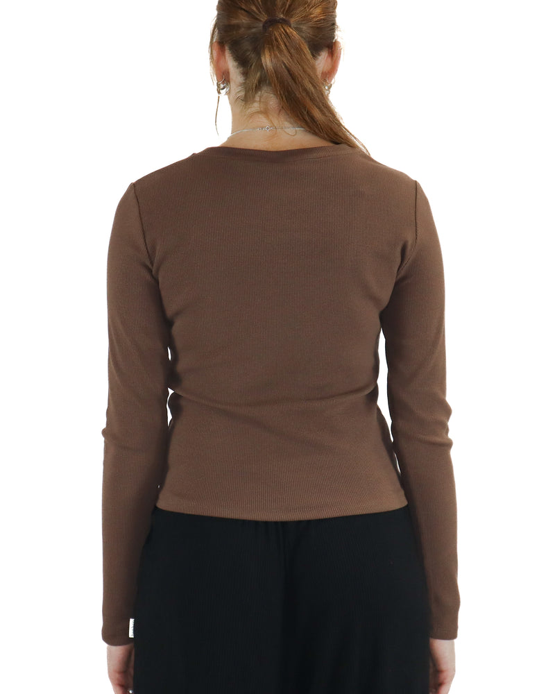 Back view of fitted brown ribbed long sleeve top with straight hem