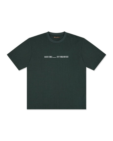 Dark green graphic t-shirt with small white chest print, flat lay front.