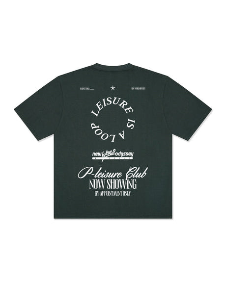 Dark green graphic t-shirt with large white back print, flat lay back.