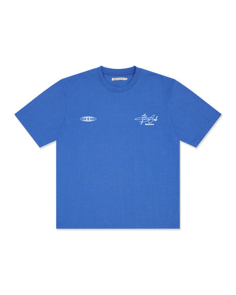Blue short sleeve t-shirt with small white front logo and oval graphic on chest.
