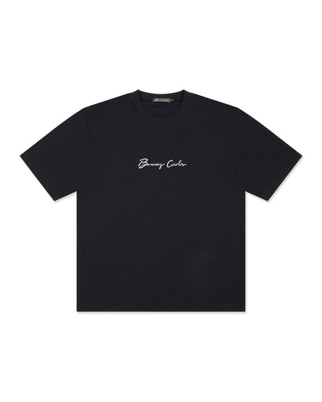 Black short sleeve t-shirt with white Boring Club logo in script font at centre chest.