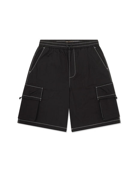 Black cargo shorts with white contrast stitching and side pockets.