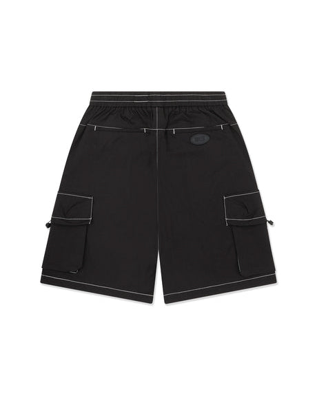 Back view of black cargo shorts with white stitching detail.